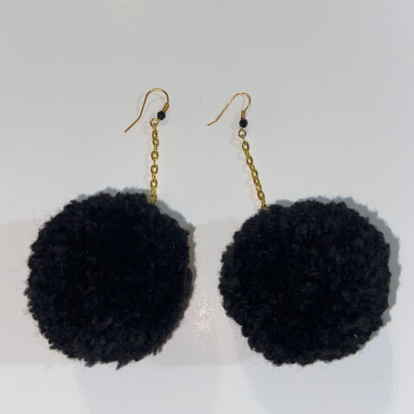 Black Large Pom Pom Earrings - Picture 4 of 5